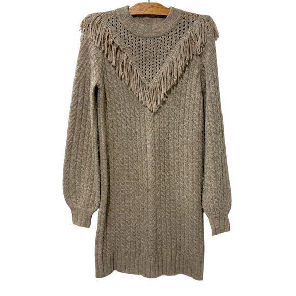 Flat White | Sweater Dress Cableknit Fringe Long Sleeve Tan Oatmeal- Size Small - Picture 1 of 9